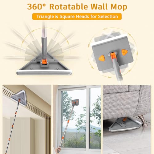 200cm Wall Cleaner Mop with Long Handle Adjustable Baseboard Mop Sweeper | Ceiling Cleaning Tool Duster, Squeegee, with Extendable Pole 2 Heads 8 Reusable Pads, for Window Floor, 3-in-1, Triangle