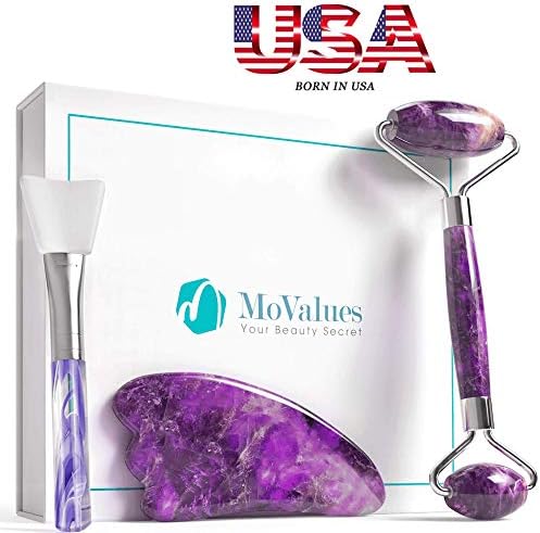 Amethyst Jade Roller and Gua Sha Set - Jade Roller for Face - Real 100% Jade - Face Roller for Wrinkles, Anti Aging - Authentic, Durable, Natural, No Squeaks - with Mask Brush (Amethyst)
