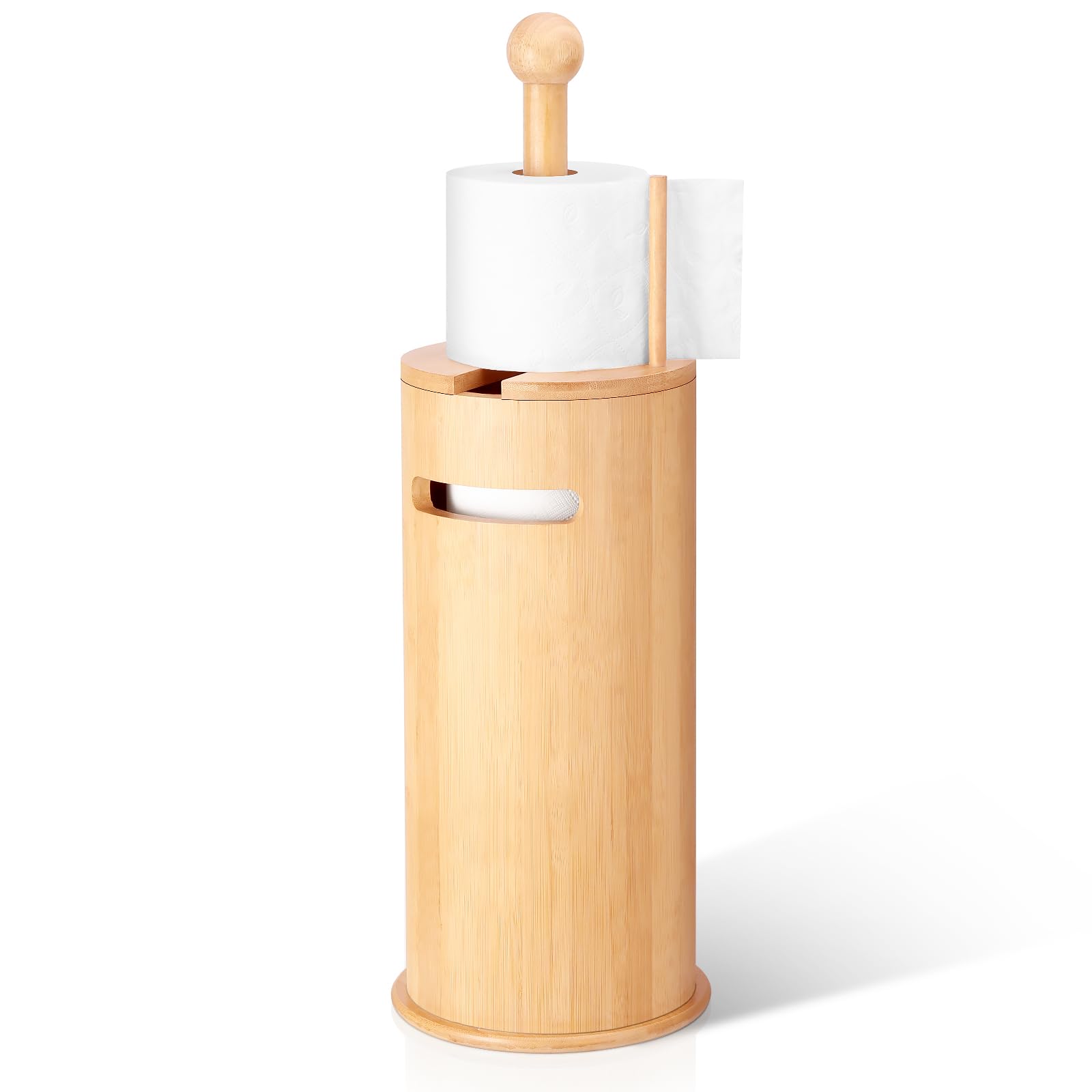 Photo 1 of ***DAMAGE -HINGE NO LONGER ATTACHED -SELLING AS IS *** Bamboo Free Standing Toilet Paper Stand,3 Rolls of Tissue Storage,Toilet Paper Holder Paper Storage Holder with Lid and Handle for Small Space Bathroom