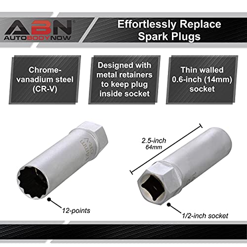 ABN Spark Plug Socket, Thin Wall 14mm 12Point 3/8in Drive Plug Socket