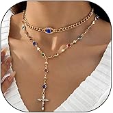 RTY Gold Rhinestone Cross Blue Evil Eye Pendant Necklace Colorful Crystal Beaded Long Y Lariat Necklace for Women