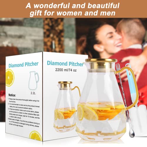 Yirilan Glass Pitcher,74oz/2.2 Liter Water Pitcher with Lid,Carafes