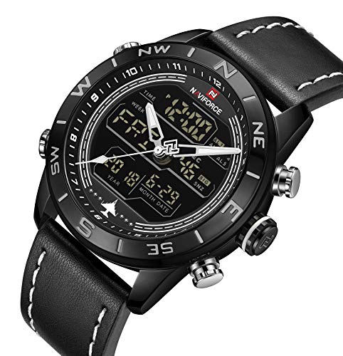 Genuine Leather Band Analog Digital LED Dual Time Display Outdoor Sport Watch Mens Watch Black