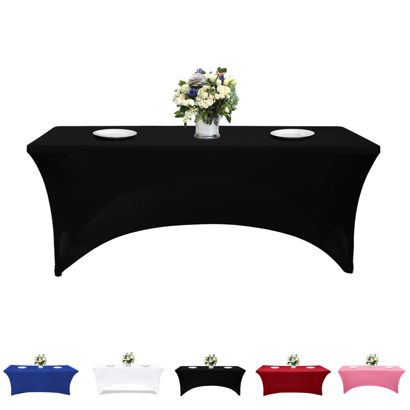 Kapwall 6ft table cloth, 2PCS Black Spandex Tablecloth Tight, Fitted, Washable and Wrinkle Resistant Stretch Rectangular Patio Table Cover for Event, Wedding, Banquet & Parties.