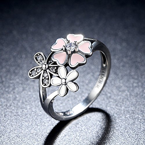 BAMOER 925 Sterling Silver Rings Pink White Enamel Cherry Blossom Flower Ring for Women Anniversary Ring Size 6 7 8 9