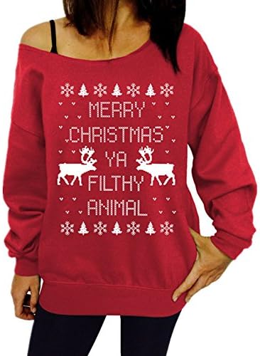 YiluweinirWomens Thin Long Sleeve Off-Shoulder Ugly Christmas Sweater Girls