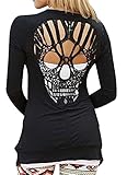 KOINECO Women's Long Sleeve Open Front Back Cut Out Skull Tops