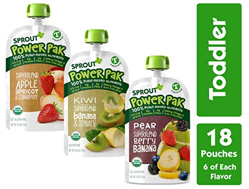 Sprout Organic Stage 4 Toddler Food Power Pak Pouches, Variety Pack, 4 Ounce (Pack of 18) 6 of Each Superblend: Apple Apricot Strawberry, Kiwi Banana Spinach & Pear Blackberry Banana