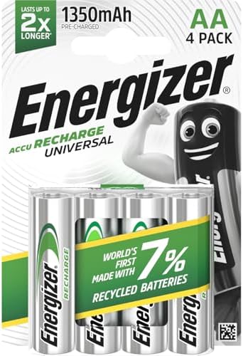 Recharge Universal - Batterie Ricaricabili AA (Confezione da 4) - Pile 1350 mAh NiMH - pronte all'uso - potenza di lunga durata - 100% imballaggio riciclabile privo di plastica