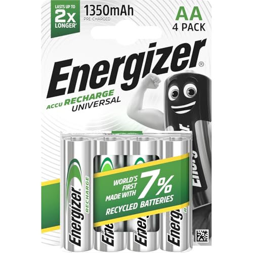 Recharge Universal - Batterie Ricaricabili AA (Confezione da 4) - Pile 1350 mAh NiMH - pronte all'uso - potenza di lunga durata - 100% imballaggio riciclabile privo di plastica