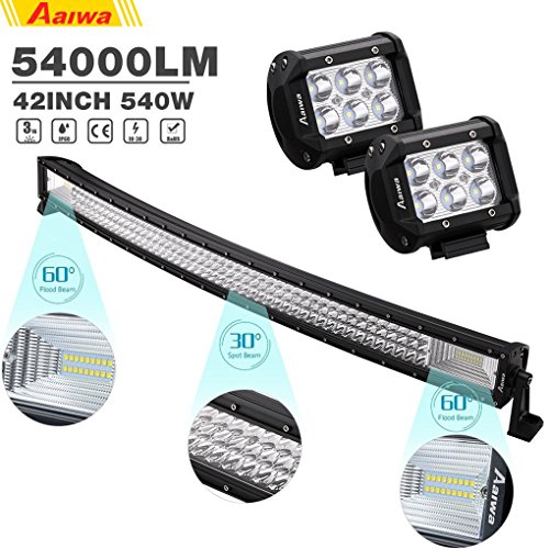 AAIWA LED Light Bar, Curved LED Bar, 42Inch 540W Triple Row Spot Flood Combo Beam Off Road Lights, 2PCS 18W Light Pods, DT Wiring Harness, Driving Light for Jeep Truck Boat