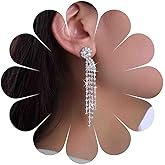 Vacaonio Long Rhinestone Tassel Drop Earrings Rhinestone Dangle Earrings Silver Crystal Chandeliers EarringsCz Tennis Chain Earrings Wedding Birdal Earrings Jewelry for Women