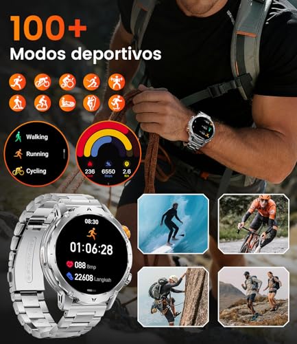 EF24-D Men's Smart Watch with 1000 mAh/Flashlight/Bluetooth Call, 1.7 Inch Military Smartwatch with 110+ Sports Modes, IP68 Waterproof, Heart Rate, Android iOS, 3 Bracelets+2 Chargers