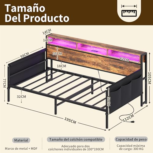 112*195*105CM Grande Sofa, Sofá Cama, Sofá Cama Individual con Respaldo con Almacenaje, luz LED y Toma de Corriente, Sofá Para Sala Apto Para Colchón de 100*190 (Sin Colchón)（Color Retro）