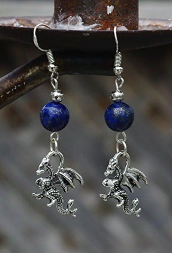Lapis Lazuli Stone Welsh Dragon Tibetan Silver Charm Earrings