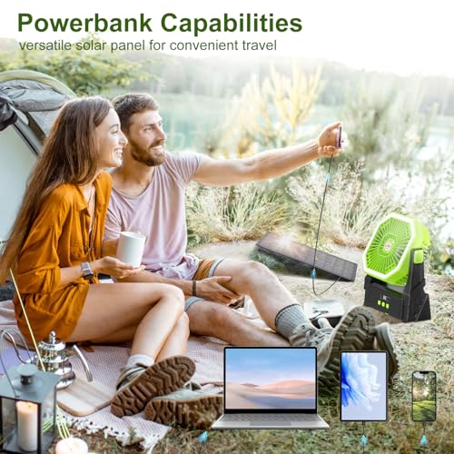 Astarama 10000mAh Solar Fan with 10W Solar Panel and Light, 4 Speed Battery Operated Fan with LED Display, Timer, Hanging Hook and 180° Adjustable Fan