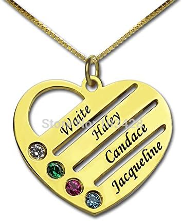 Family Necklace with Kids Names Engraved Heart Mother Necklace Silver Birthstone Jewelry Christmas Gift (18K gold 20"(50cm))