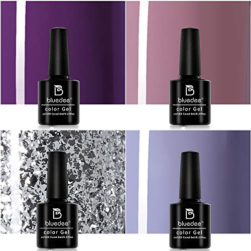 Bluedee 4 Color Gel Polish Starter Kit Classic Series Gel Nail Set with UV Light Base Coat No Wipe Top Coat Manicure Kit Nail Art Tools Purple Glitter Fall Autumn Nail Polish