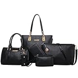 Coofit Women Handbag Grid Embossed Shoulder Messenger Bag Purse Wallet 6 Pcs Set