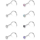 Uni-J G23 Titanium 20G Nose Rings Studs for Women Men Hypoallergenic Cubic Zirconia Corkscrew Nose Piercing Jewelry 8Pcs Silver