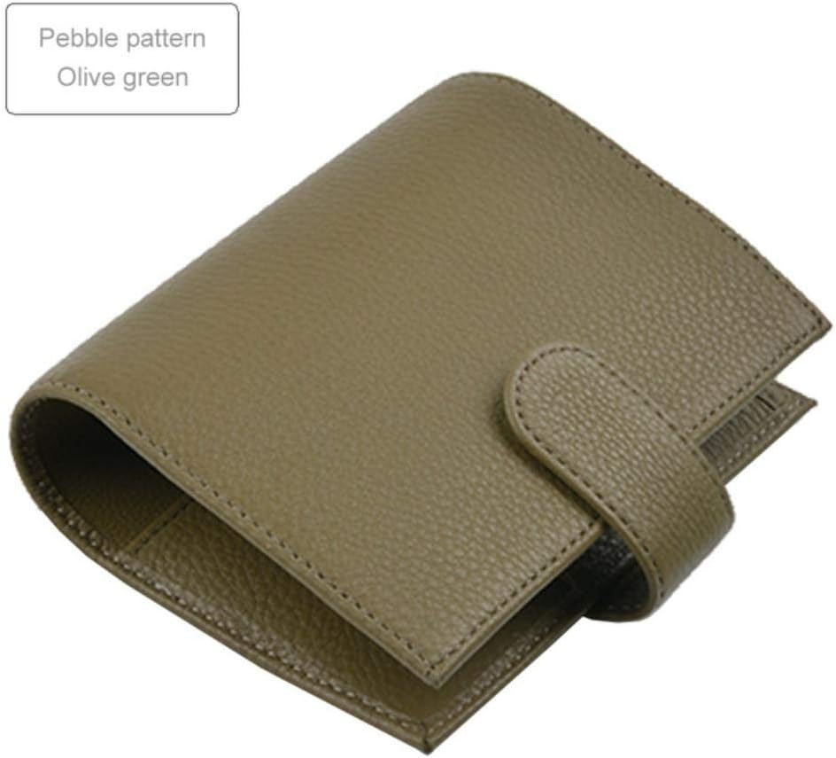 Qingb Genuine Leather Rings Notebook Brass Binder Mini Agenda Organizer Cowhide Diary Journal Sketchbook Planner Big Pocket,Pebble Olive Green,A7 Cover 142x115mm