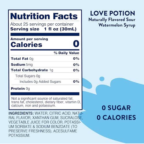 JORDAN’S SKINNY MIXES SUGAR FREE SYRUP – LOVE POTION FLAVOR, KETO, LOW CARB, ZERO CALORIE, GLUTEN-FREE, FRUIT WATER ENHANCER & DRINK MIX FOR ICED TEA, LEMONADE, COCKTAILS, 25.4 FL OZ (SOUR WATERMELON)
