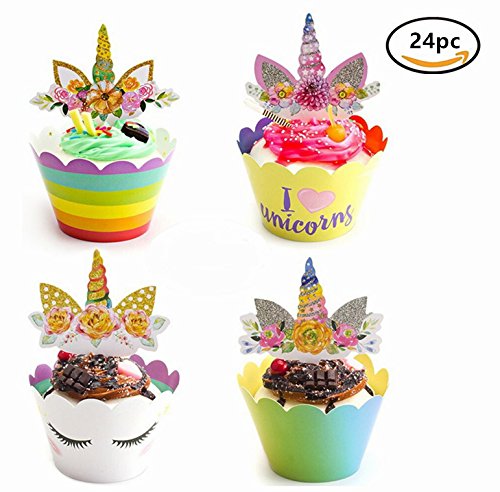 Floette Unicorn Cupcake Toppers and Wrappers, Double-Sided Printing, Kids Children Party Cake Decorations, Birthday Party Supplies (Set of 24)