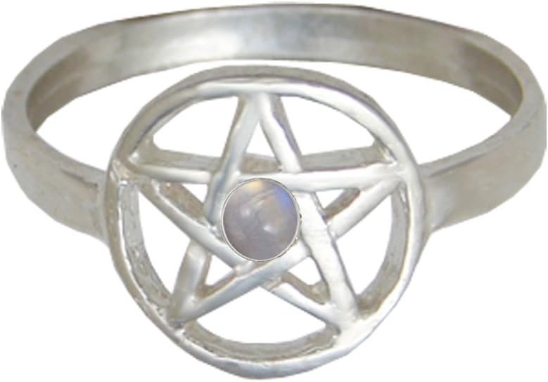 Petite Pentacle Ring in Sterling Silver with Rainbow Moonstone Made in America