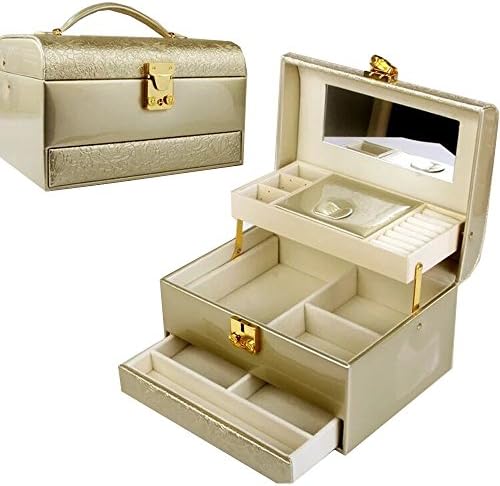 Jewelry Box Organizer Holder Storage Case w/ Mirror and Lock (Apricot)