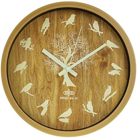HENG DA SI Night Light Function Wall Clock Wood Grain 12 Inch Silent Non-Ticking Silver Battery Operated Indoor Clocks Modern Style for Kitchen Living Room Bedroom Office