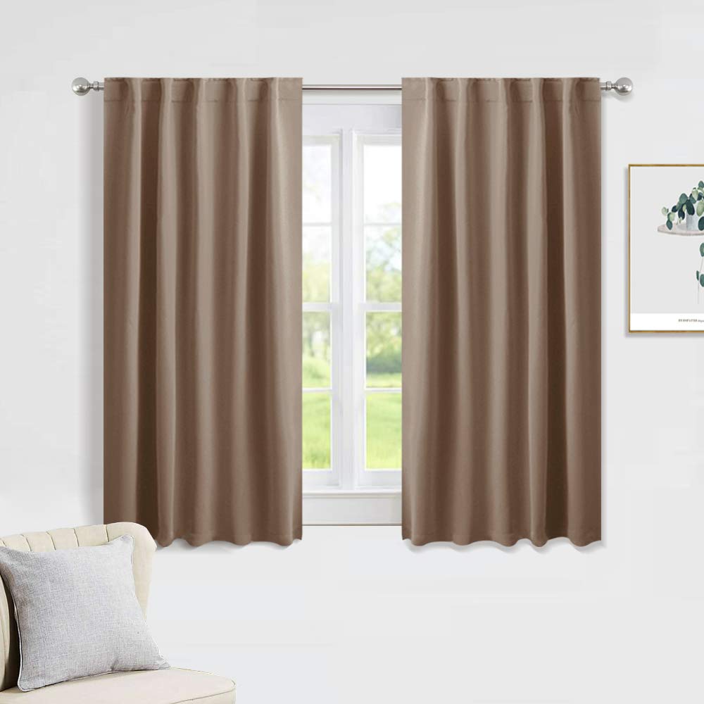 PONY DANCE Blackout Curtains Set - Short Window Curtain Draperies Thermal Insulated Home Decoration Energy Saving Back Tab/Rod Pocket Panels for Bedroom, 42-inch by 45-inch, Mocha, 2 PCs