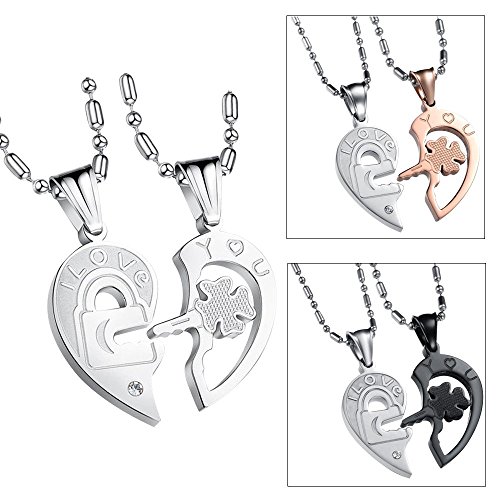 Happy Hours - His and Hers Heart Shape Couples Necklace Engraved I Love You Open Your Heart/Fortunate Four Leaf Clover Key and Stainless Steel Lock Pendant Couples Necklace with Black Bag(Black)