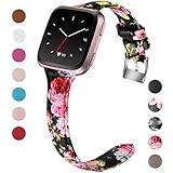 Maledan for Fitbit Versa Bands Women Men Large Small, Slim Genuine Leather Band Accessories Replacement Strap for Fitbit Versa Smart Watch, Black/Pink Floral, Large Size