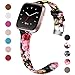 Maledan for Fitbit Versa Bands Women Men Large Small, Slim Genuine Leather Band Accessories Replacement Strap for Fitbit Versa Smart Watch, Black/Pink Floral, Large Size