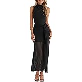 Owin Women’s Bodycon Long Maxi Dress Elegant Sleeveless Mock Neck Ruched Mesh Sheer Hem Cocktail Wedding Guest Dress