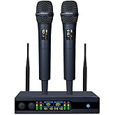 XUNKH Metal Handheld Wireless Microphones with Dual Professional UHF Cordless Dynamic System,Rechargeable Microphone Receiver for Karaoke Singing, Wedding,Party, DJ, Speech, Church, Class Use,200ft