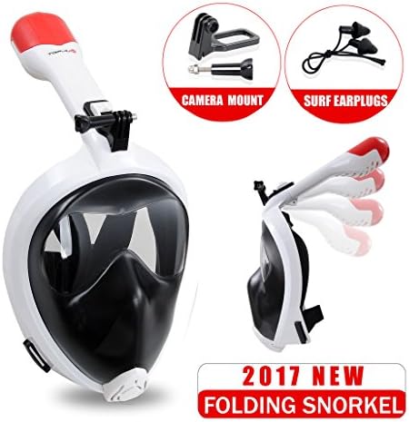 Full Face Snorkel Mask Surface Diving Scuba Gear Easy Breathing with Dry Snorkel & Camera Mount 180°Panoramic View Anti fog Anti Leak Snorkel Underwater For Adult & Youth by TOPJUM (White, S/M)