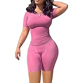 vyolu Lounge Wear Ribbed Casual 2 Piece Tracksuit Set Women Solid Skinny Short Sleeve O-Neck Top+Mid Waist Elastic Leggings