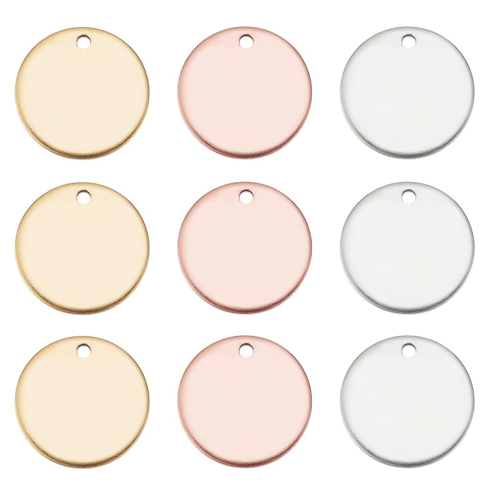 PH PandaHall 60 pcs 304 Stainless Steel Pendant, Smooth Surface Flat Round Blank Stamping Tags for Bracelet Earring Charms DIY Jewerly Making, 15x1mm, Hole: 1mm, Golden/Silver/Rose Golden