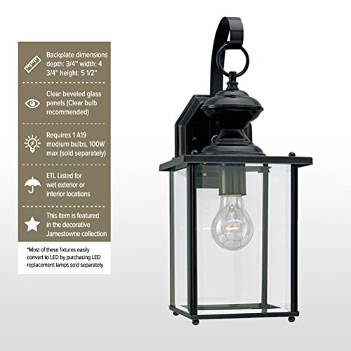 Sea Gull Lighting 8458-12 Jamestowne One-Light Outdoor Wall Lantern with Clear Beveled Glass Panels, Black Finish