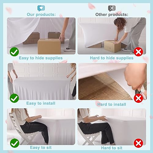 6 Packs White Table Clothes for 6 Foot Rectangle Tables, One-Piece Wrinkle Resistant Stretch Spandex Table Covers with Skirt for Event Banquet Wedding Birthday Party