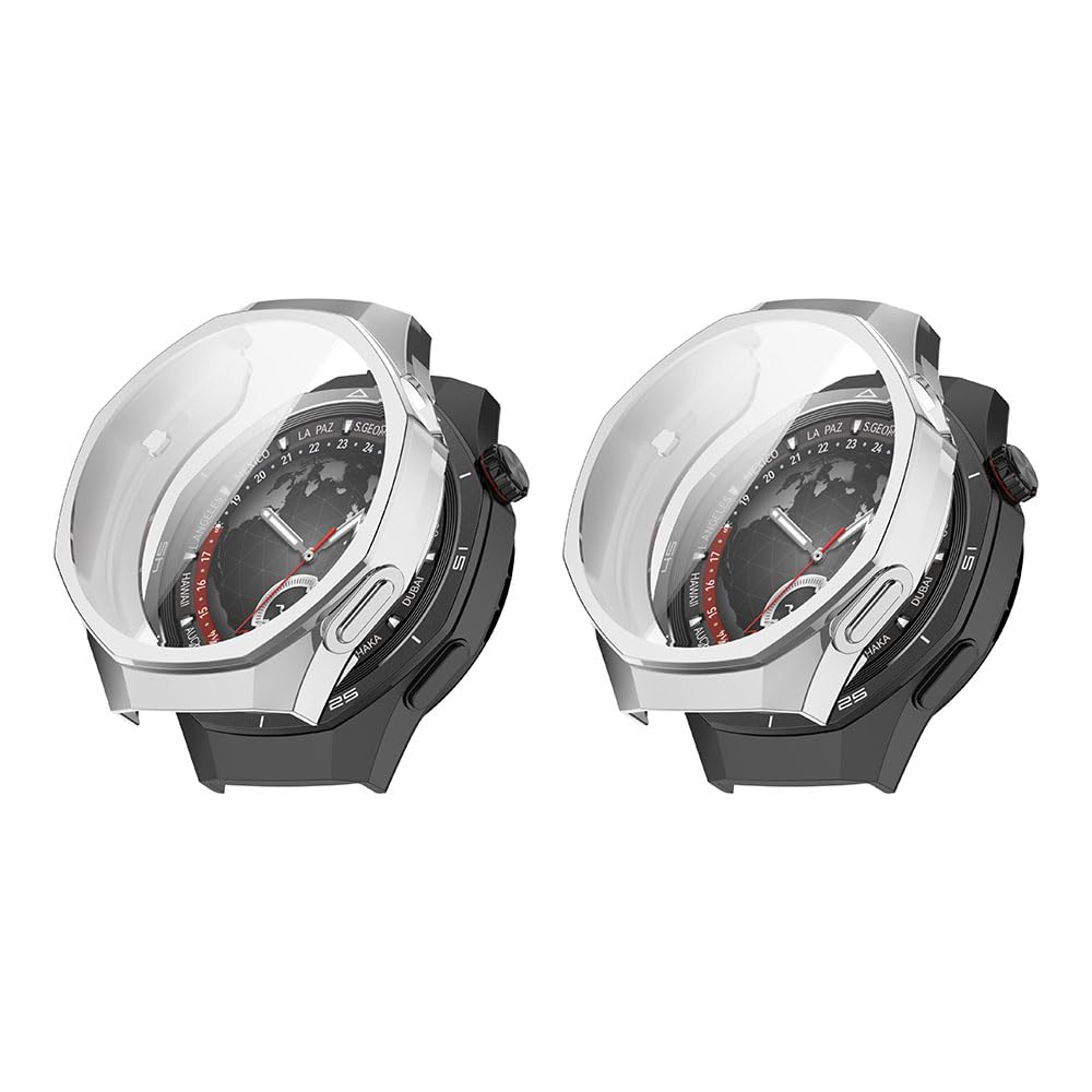 QJONSIU Case Compatible with Huawei Watch GT 5 Pro 46mm with Built in Screen Protector, [2-Pack] [Anti-Scratch] Electroplated Soft TPU Thin Cover-Silver