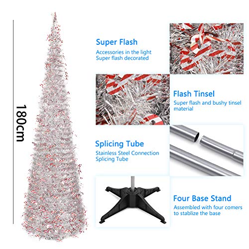N&T NIETING Christmas Tree, 6ft Collapsible Pop Up Silver Tinsel Christmas Tree with Christmas Candy Cane Coastal Christmas Tree for Holiday Xmas Decorations, Home Display, Office Decor