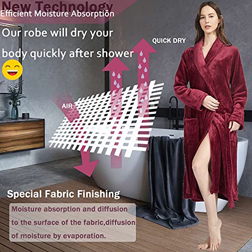 neilgo Womens Robe Plush Long Sleeve Shawl Collar Fleece Bathrobe with Pockets (Wine Red)