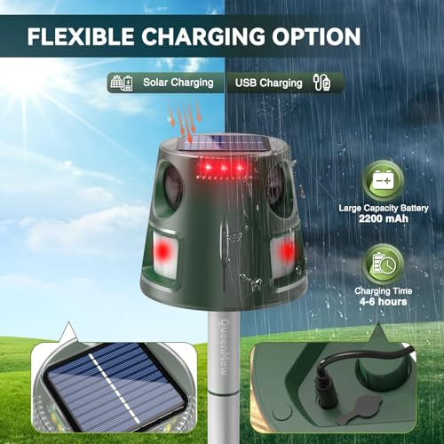 Ahuyentador de gatos ultrasónico solar, para jardín, impermeable, 5 modos, ajustable, carga solar, 360°, eficaz para gatos, perros, pájaros, ratones