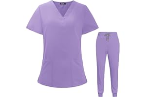 VIAOLI Scrubs for Women Set V-Neck Pocket Top & Drawstring Jogger Scrub Pants Stretch Nursing Scrubs Set Uniform