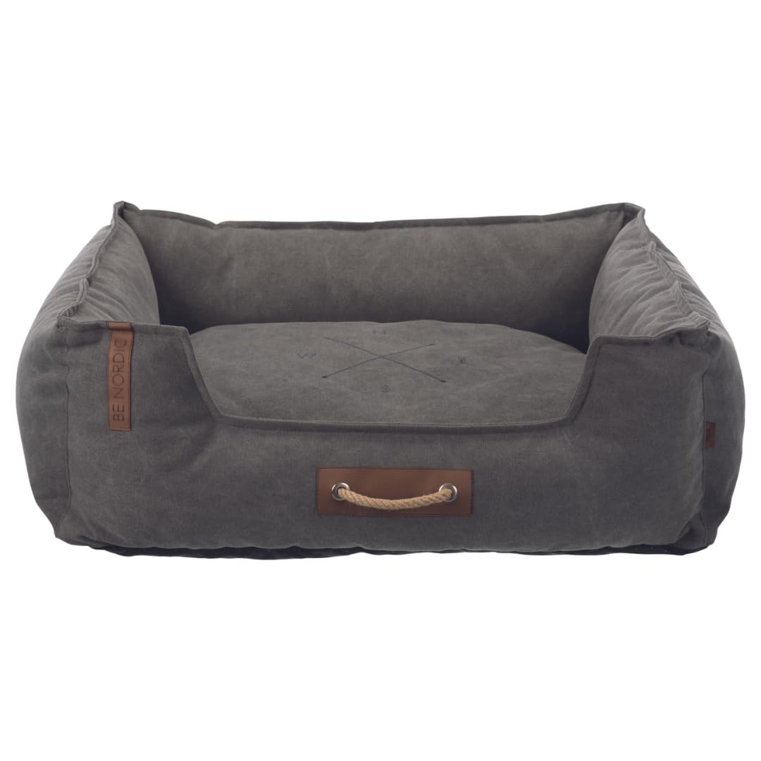 TRIXIE BE Nordic Föhr Dog Bed 60 x 50 cm in Dark Grey - Square Dog Basket for Small and Large Dogs - Cosy Dog Basket with Practical Carry Handle - Soft and Washable - 37447