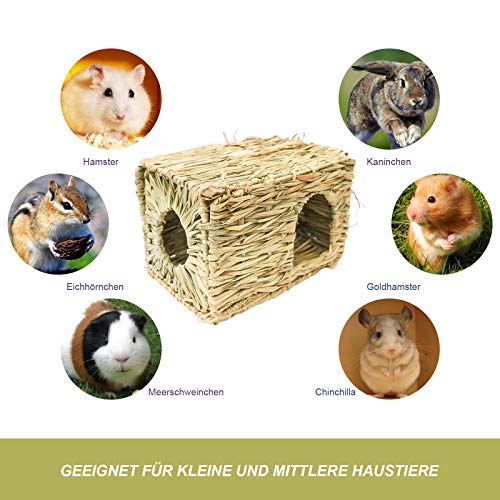 Grashaus-Grasmatten-Set, 1+2 Stück Faltendes Strohhaus mit 2 Grasmatten, Nagerhaus Heuhaus - Natürliches Kleintier zubehör für Kaninchen, Hasen, Meerschweinchen, Hamster und andere Kleintiere (XL)