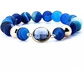 Gem Stone King Stunning 10MM Blue Color Agate With Gold Plated Spacer Stretchy Bracelet For Women up to 8.5 Inch