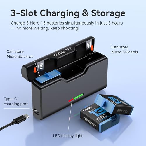 ENEGON Battery Set for GoPro Hero 13 Black/Enduro – 3× 2400mAh Batteries + 3-Channel USB-C Charger with SD Card Storage Slot, Fast Charging & Multi-Level Protection